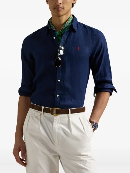 Haftowane szorty jeansowe Polo Ralph Lauren skórzane na ramiączkach niebieskie
