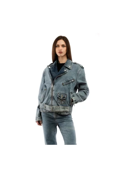 Kurtka jeansowa Moschino z paskiem niebieska