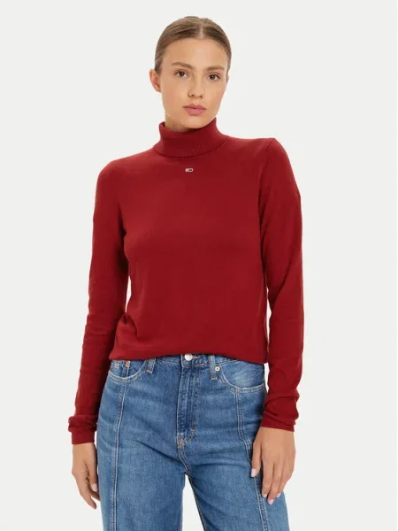 Пуловер Tommy Jeans дамски с поло бордо