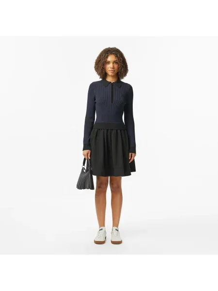 Lacoste Sukienka Z Długim Rękawem Half Zip W Paski Classic Fit czarna