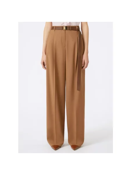 Spodnie szerokie z płótna i żywej wełny model ‘BERGAMO’ Max Mara Studio brązowe