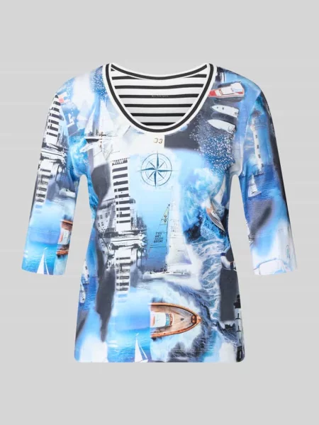 T-shirt we wzór na całej powierzchni z rękawem o dł. Marc Cain niebieska