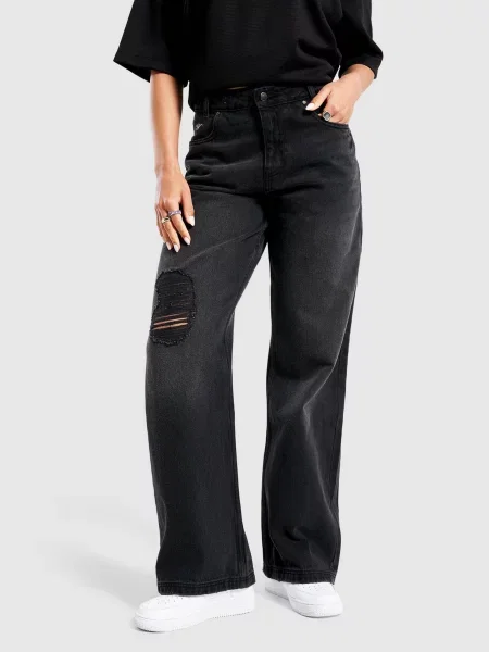Hoodrich Spodnie Wide Leg Jeans Script Applique czarne