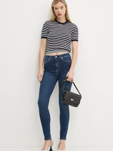 Tommy Jeans pulover s kratkimi rokavi bombažen modra