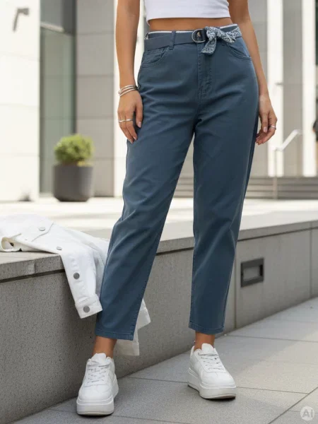 Jeansy mom fit z paskiem z wysokim stanem Dstreet niebieskie