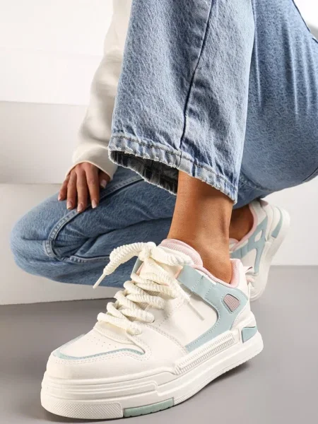 Sneakerși Alb-Bleu pe Platformă Joasă cu Șiret Gros și Limbă Dublă Minseja alb