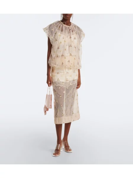 Fustă midi Simone Rocha cu broderie din tul bej