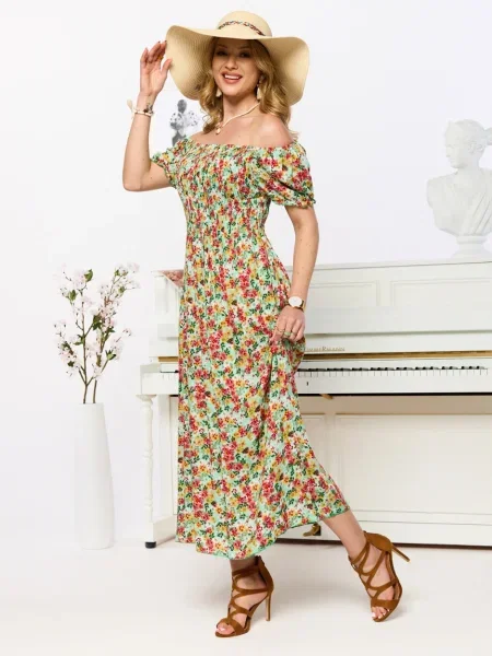 Rochie midi Resti cu model floral până la genunchi de costum galben