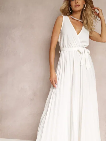 Rochie Cloș Maxi cu Pliuri și în Talie Sare albă