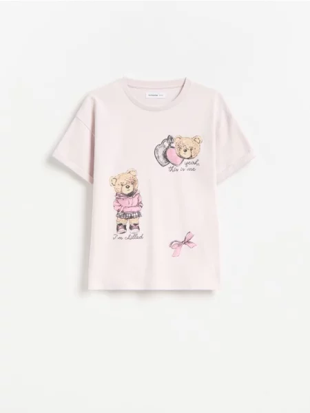 Reserved t-shirt z nadrukiem lawendowy