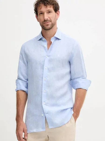 Ленена риза Hackett London със стандартна кройка с италианска яка синьо