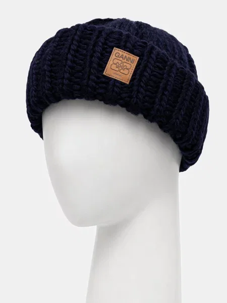 GANNI căciulă de lână Graphic Wool Hand Knit bleumarin