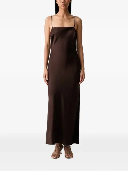 Rochie maxi Bardot din satin cu bretele maro
