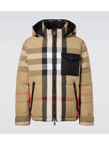 Карирано пухено яке Burberry с качулка бежово