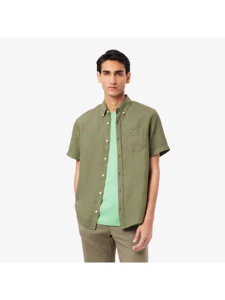 Lacoste Lniana Koszula Button-Down Z Krótkim Rękawem Regular Fit Khaki zielony