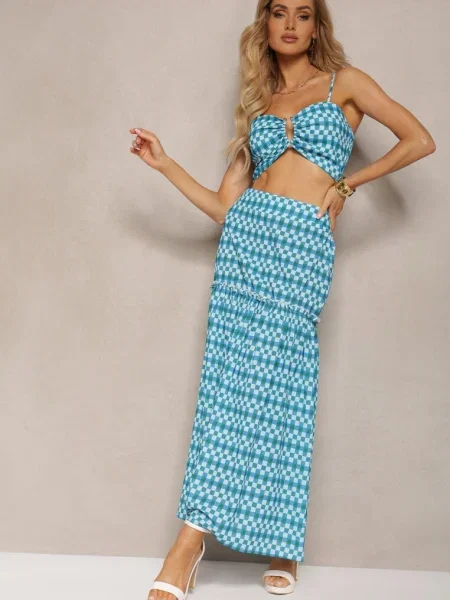 Bleumarin Compleu din 2 Piese Fusta Clopot cu in Talie si Top Scurt Janai albastru