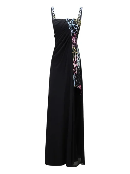Rochie maxi Gemy Maalouf drapată cu mărgele de costum negru