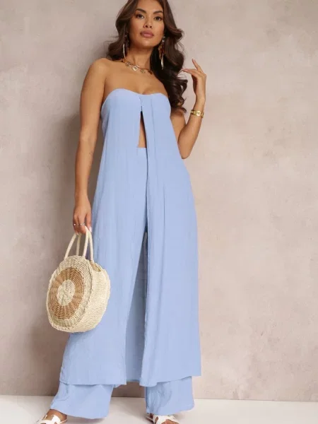 Komplet Długi Top i Spodnie z Gumką w Pasie i Szerokimi Nogawkami Bincina niebieski