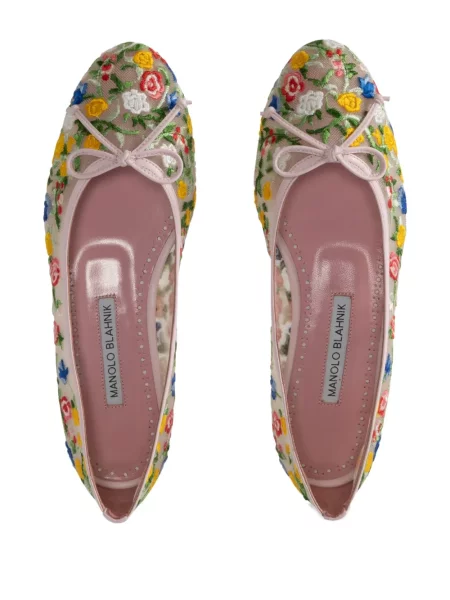 Balerinke Manolo Blahnik s vezom s cvjetnim printom ružičasta