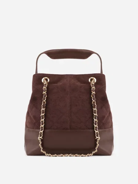 Torebka Bucket Bag z Przeszyciami w Romby z Rączką i Uchwytami z Łańcuszkiem Denidora brązowa
