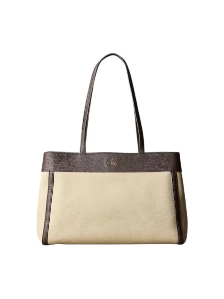 Torba shopper z bawełnianego płótna Calvin Klein beżowa
