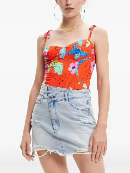 Боди Desigual на цветя с принт връзки оранжево