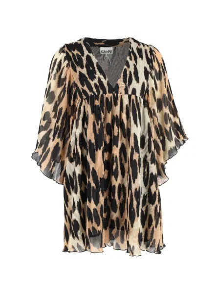 Sukienka mini Ganni z nadrukiem w panterkę plisowana