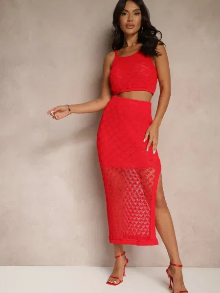 Dzianinowy Komplet Top na Ramiączkach i Spódnica z Siateczkowej Tkaniny Tiarienne czerwony