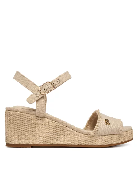 Sandály Tommy Hilfiger Mid Woven Wedge Espad Fringe béžová