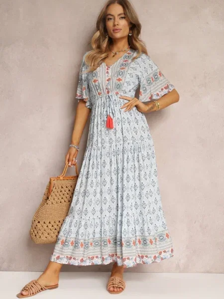 Rochie Maxi Deschis cu Maneca Scurta si in Talie Emaya albastru