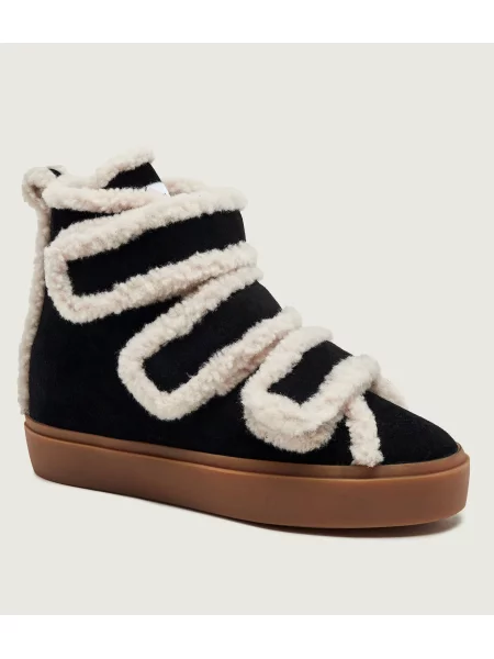 INUIKII Căptușite botine cu platformă Velcro Wedge | piele întoarsă | shearling cu adaos de lână negru