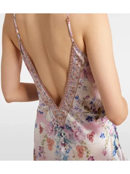 Rochie maxi Camilla din satin cu model floral de costum roz