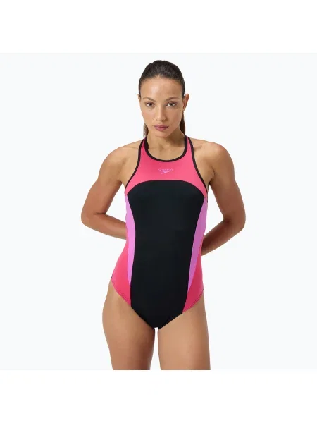 Speedo femei costum de baie dintr-o singură piesă High Neck Splice Cross Back zmeură umple