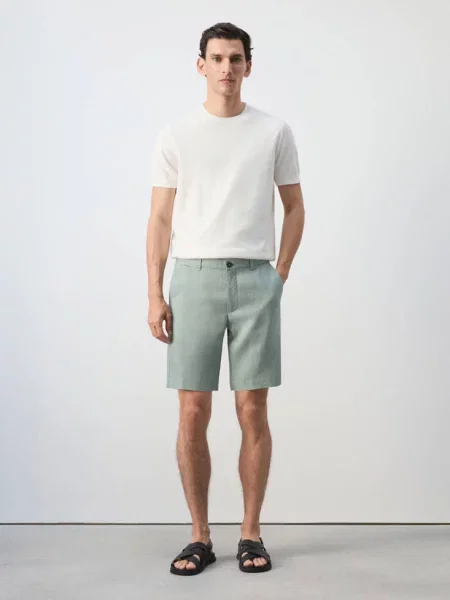 Bermudy slim fit z lnu szmaragdowa zieleń Mężczyzna 38 MANGO MAN