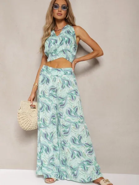 Komplet Boho z Bawełny Krótki Top na Ramiączkach z Gumką Szerokie Spodnie Rasida zielony