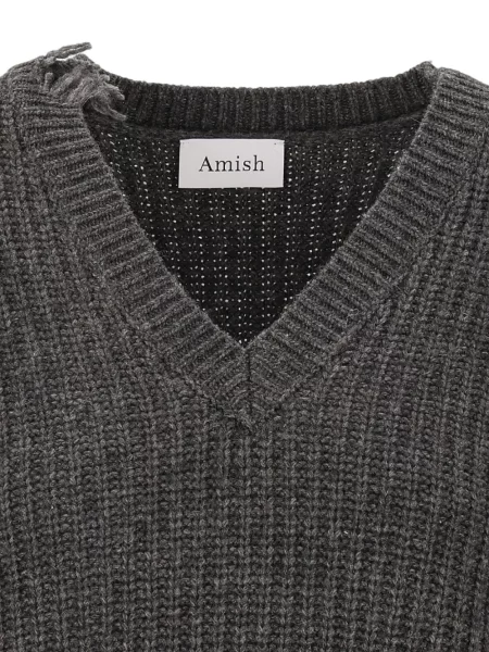 Pulover Amish zdrențuiți cu decolteu în V gri