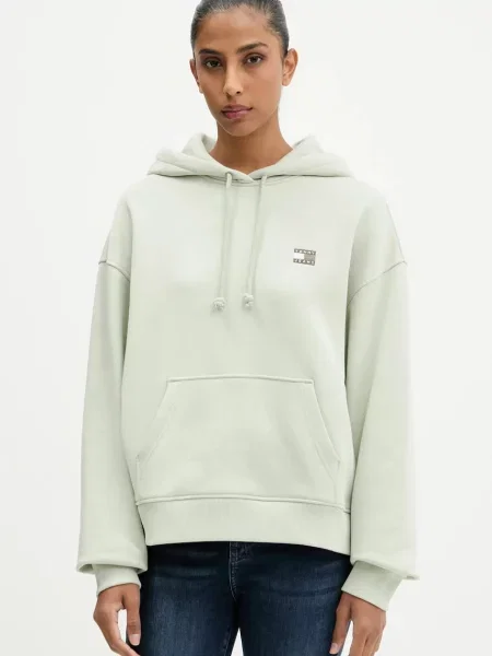 Суичър с качулка Tommy Jeans с качулка с апликация зелено