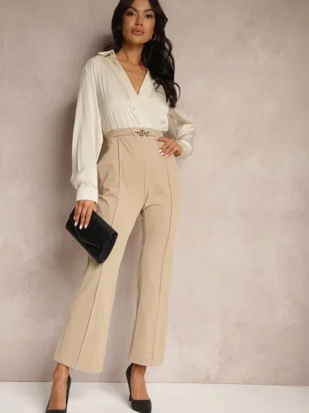 Kopertowy Kombinezon z Elegancką Koszulową Górą i Szerokimi Nogawkami Vareti beżowy
