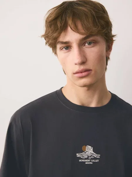 Koszulka z bawełny z haftem antracytowy Teen L MANGO TEEN
