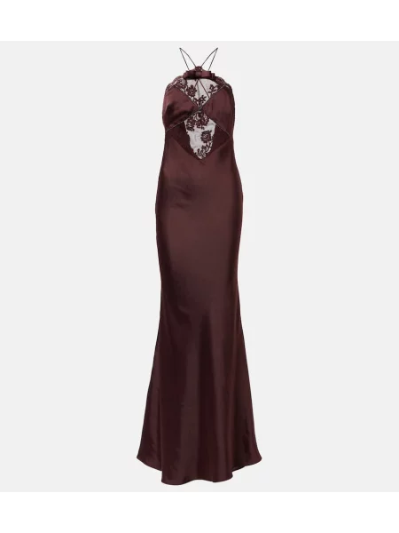 Rochie Self-portrait din satin cu gât halter maro