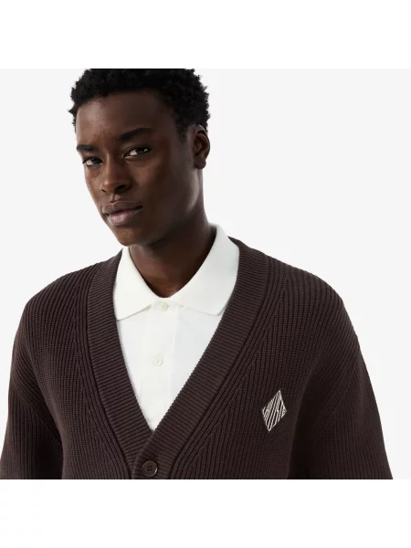 Lacoste Kardigan Z Dekoltem V Relaxed Fit Ciemnobrązowy brązowy