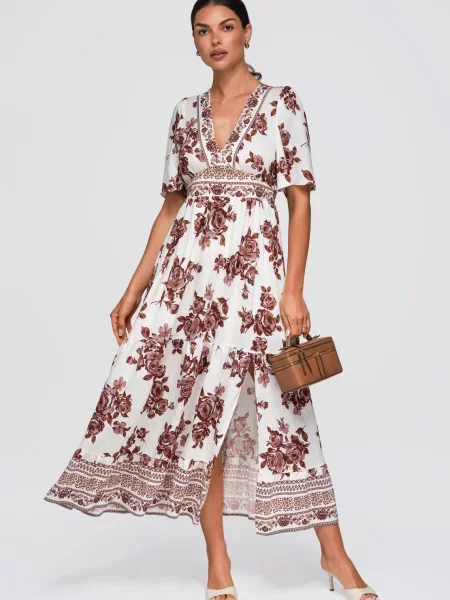 Rochie maxi Ombre cu model floral alb
