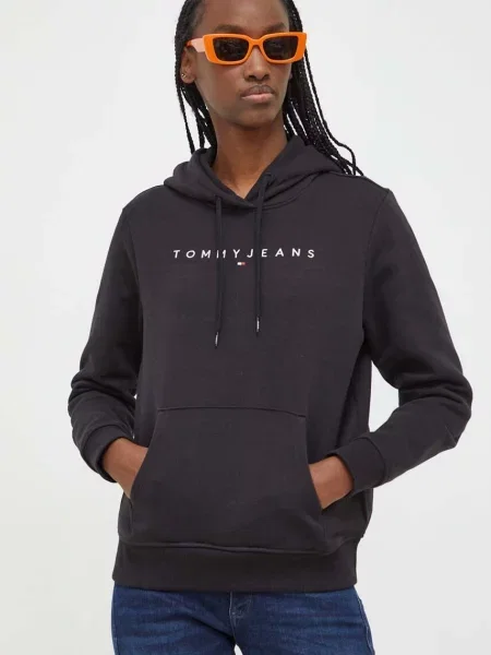 Tommy Jeans μπλούζα με κουκούλα γυναικεία με ελαστάν μαύρο
