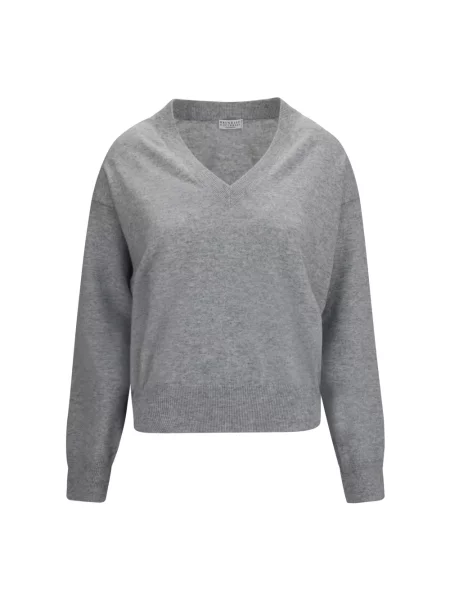 Sweter Brunello Cucinelli z dekoltem w serek szary