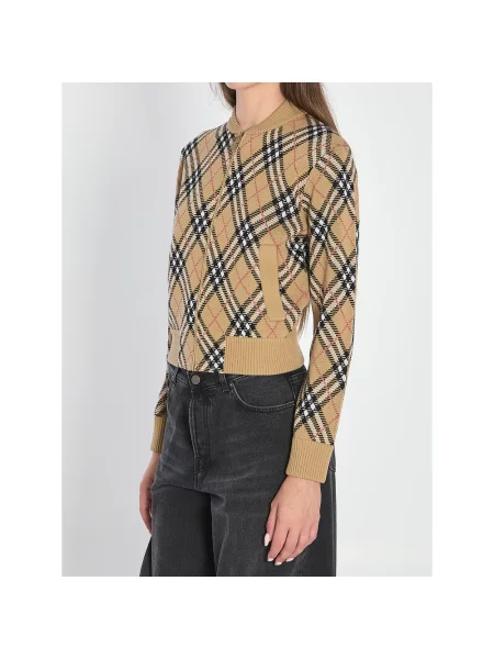 Kurtka Burberry wełniana w kratę z nadrukiem beżowa