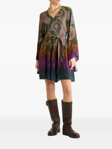 Cu centură rochie mini Etro cu model paisley verde