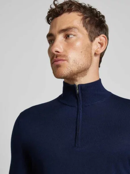 Sweter z dzianiny z wełny merino z zapinanym kołnierzem model ‘TRAY’ Selected Homme granatowy
