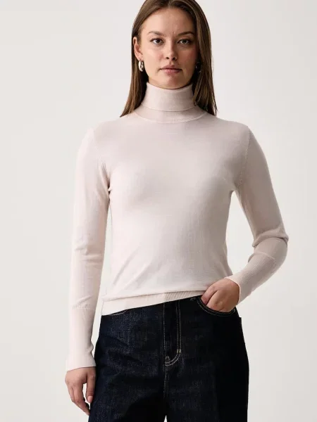 Kaos pulover cu guler înalt de damă din lână bej