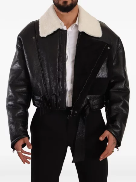 Cu centură geacă Dolce & Gabbana din piele de oaie negru