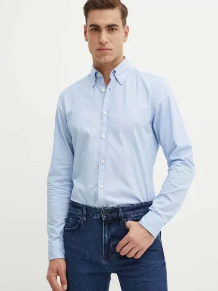 Риза Boss Orange мъжка синьо със стандартна кройка с яка с копче светлосиньо